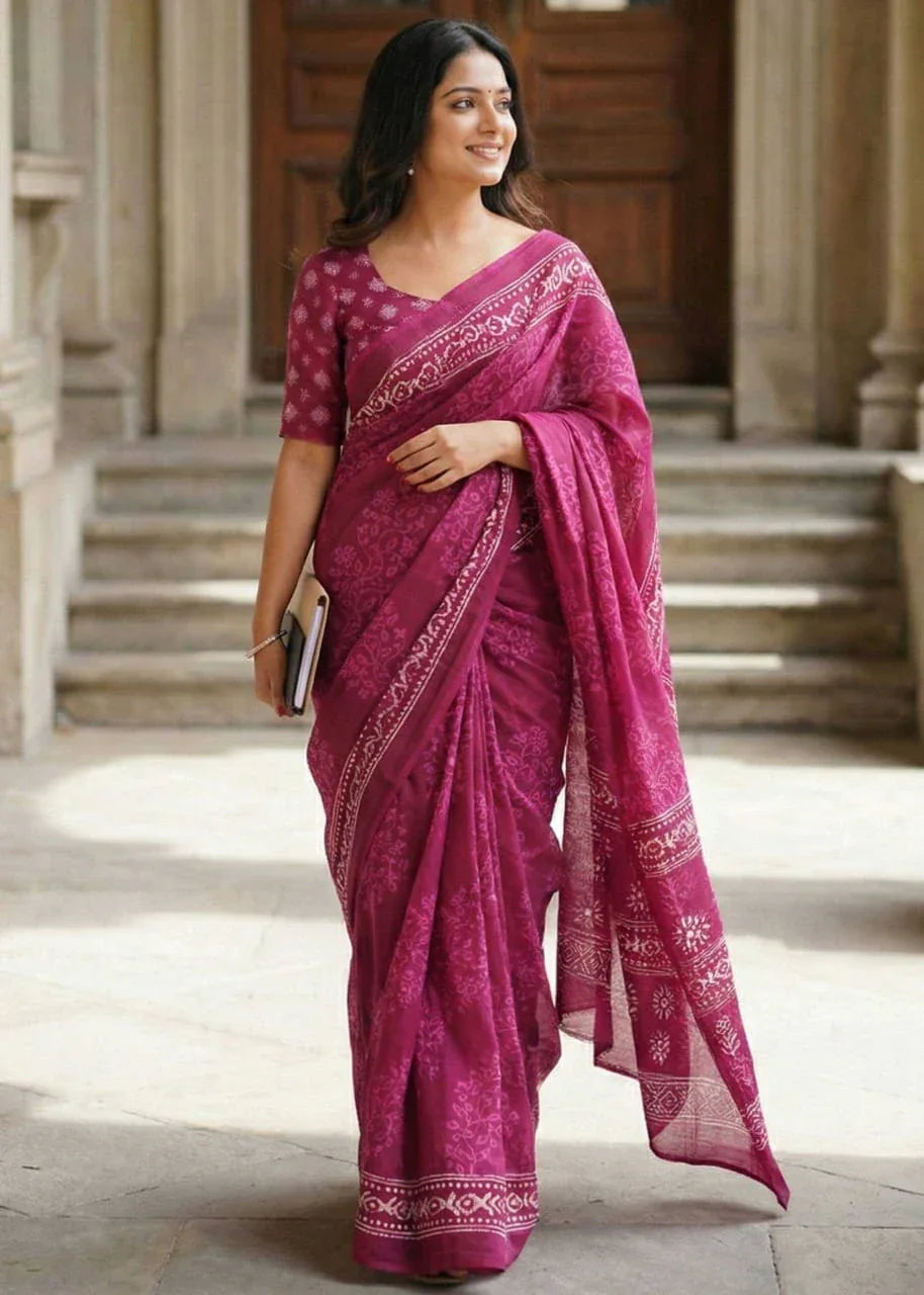 Rani Pure Cotton Hand Block Print Bagru Saree with Blouse - House of ViDi
