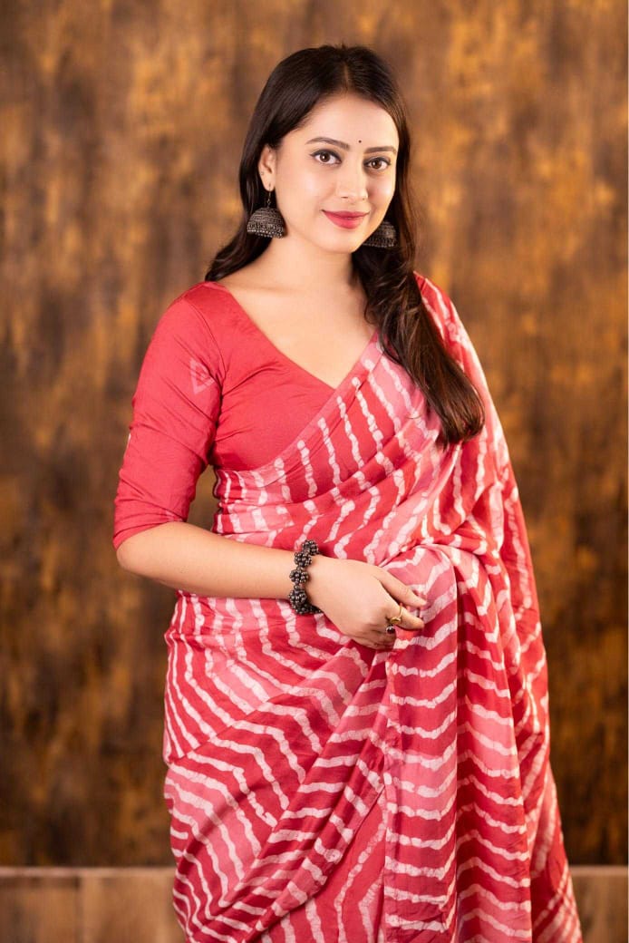 Pink Chanderi Cotton Bagru Batik Printed Saree with Zig Zag Motifs & Tassel Pallu | House of ViDi