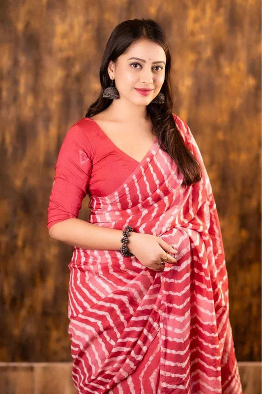 Pink Chanderi Cotton Bagru Batik Printed Saree with Zig Zag Motifs & Tassel Pallu | House of ViDi - House of ViDi