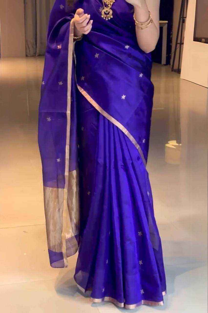 Soft Lichi Silk Saree with Full Jacquard Weaving & Opulent Pallu – Contrast Blouse with Jacquard Border - House of ViDi