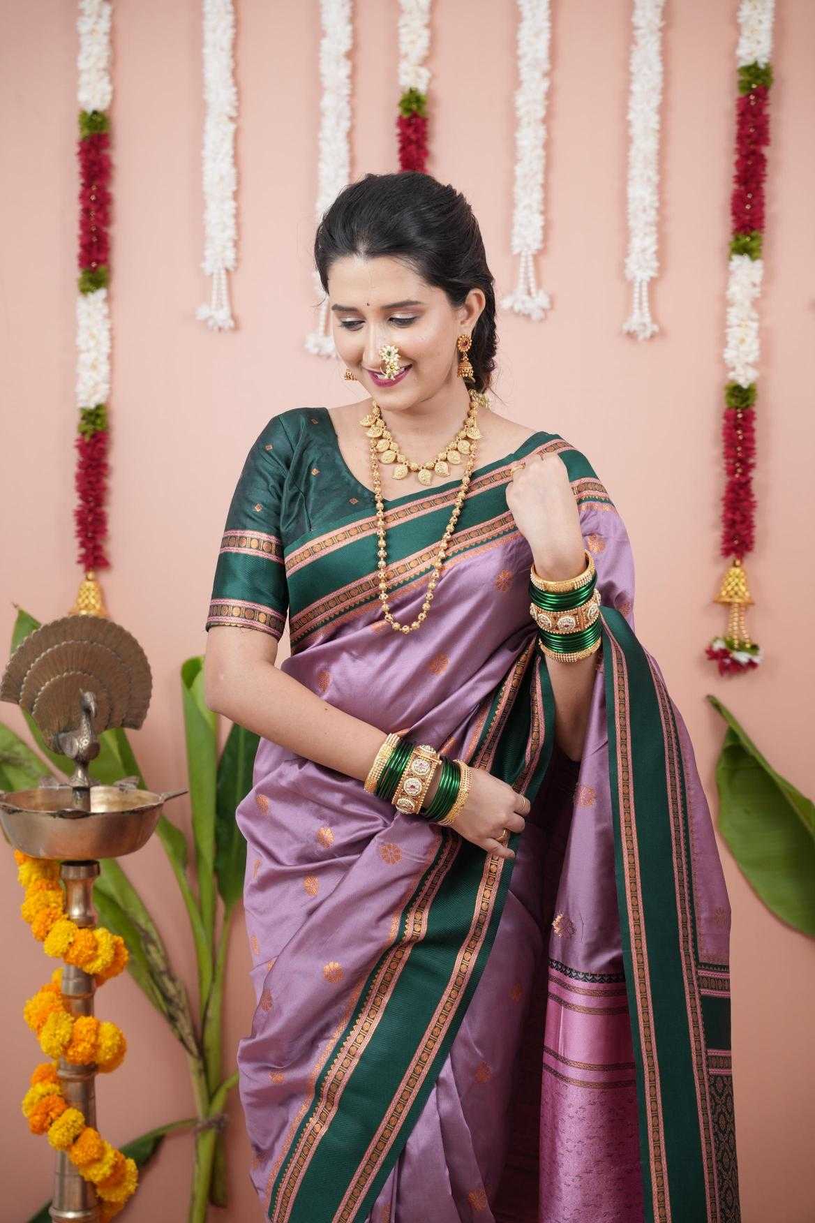 Narayanpet Soft Silk Saree with Zari Motifs & Contrast Pallu – Narayan Border & Contrast Blouse [Onion] - House of ViDi