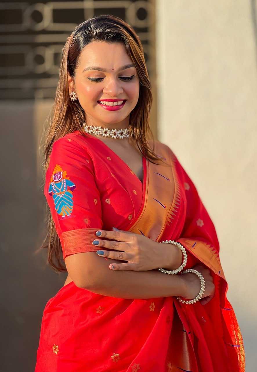Vitthala Paithani Silk Saree with Muniya Border & Brocade Blouse – Traditional Wedding & Festive Wear [Red] - House of ViDi