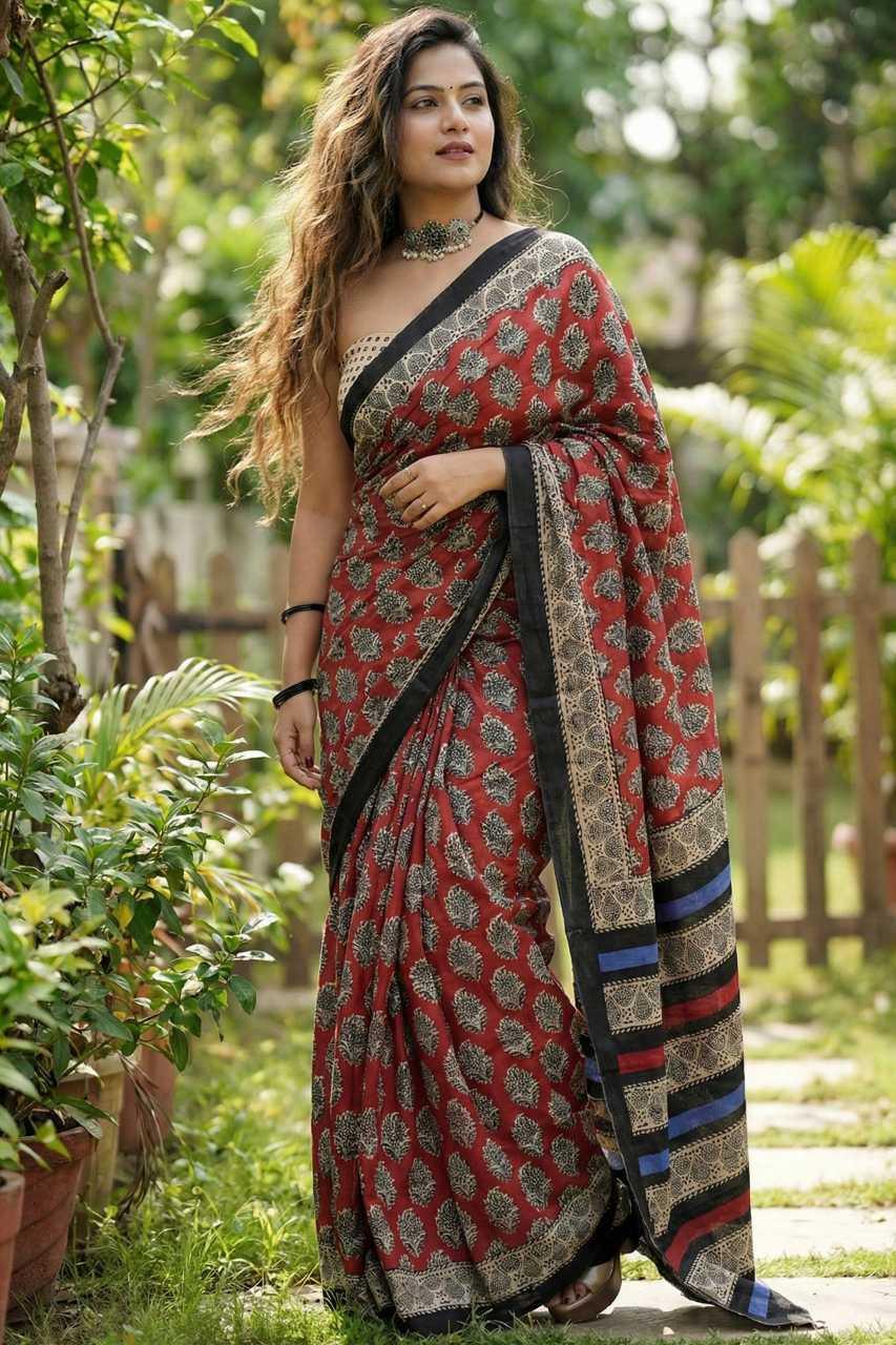 Brown Premium Ajrakh Bagru Block Print Cotton Mulmul Saree with Printed Blouse - House of ViDi