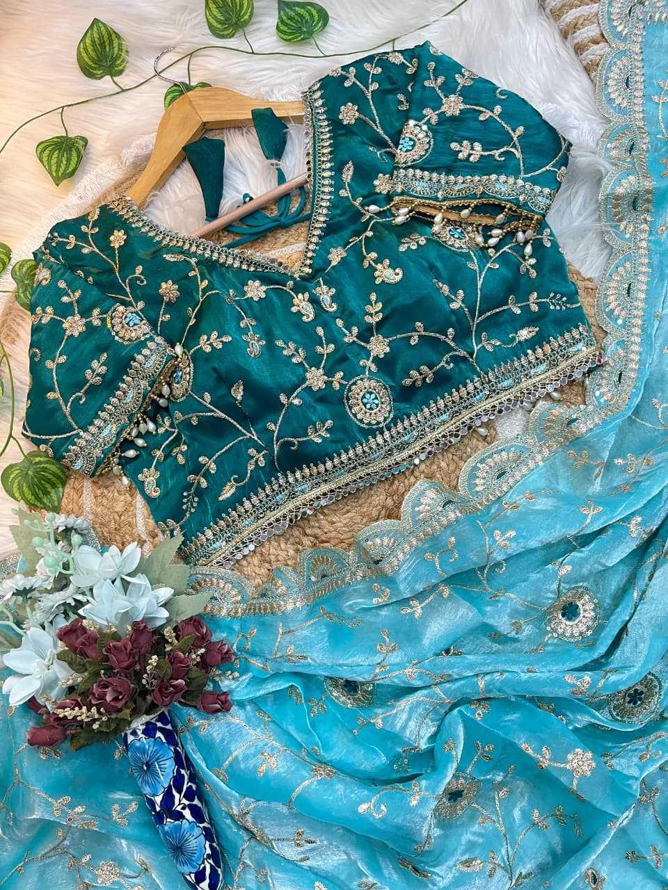 Blue Designer Party Wear Fendy Satin Saree with Heavy Sequin Embroidery & Stitched Blouse - House of ViDi