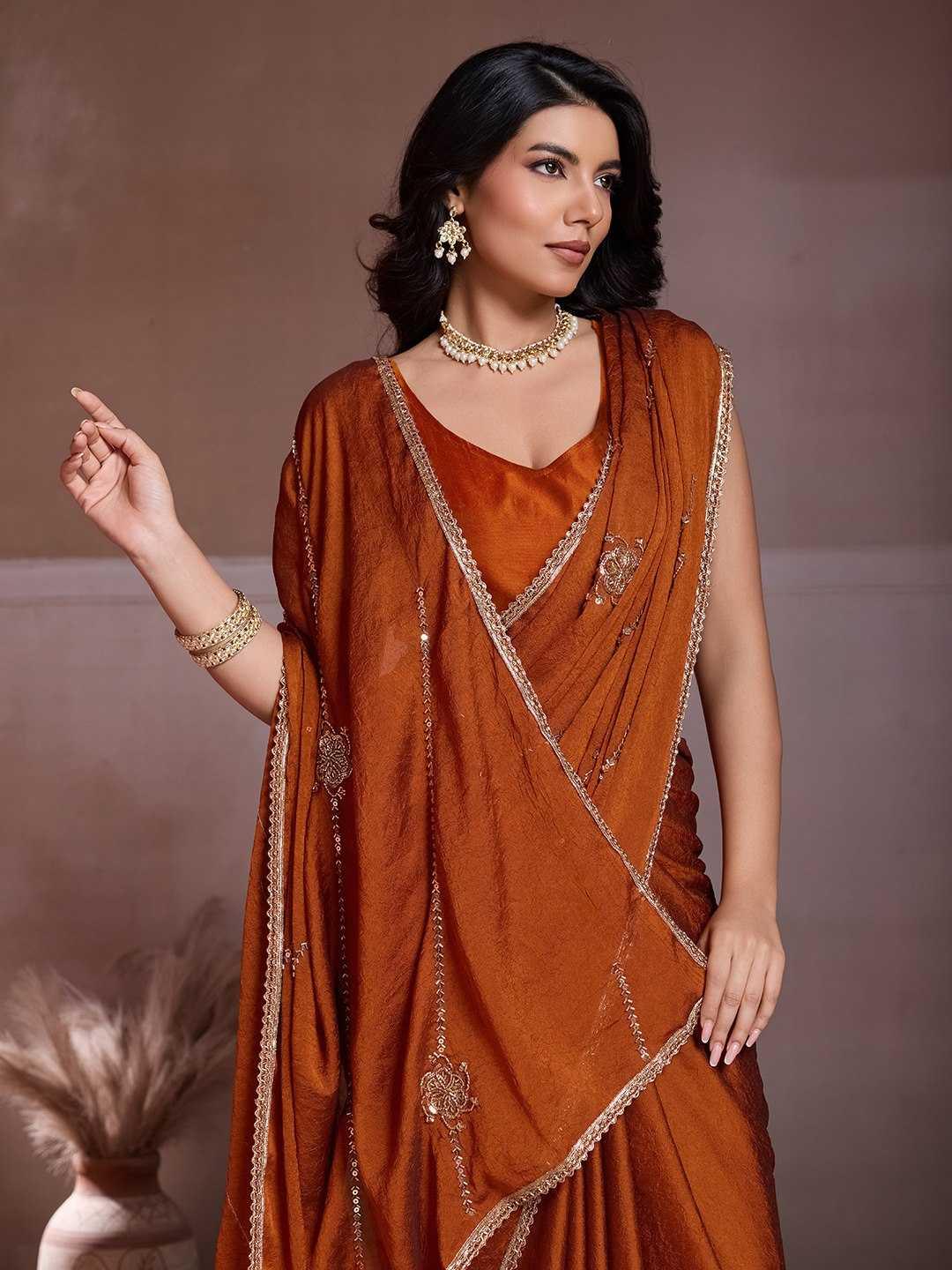Coffee Brown Crush Silk Saree with Beads Embroidery - House of ViDi