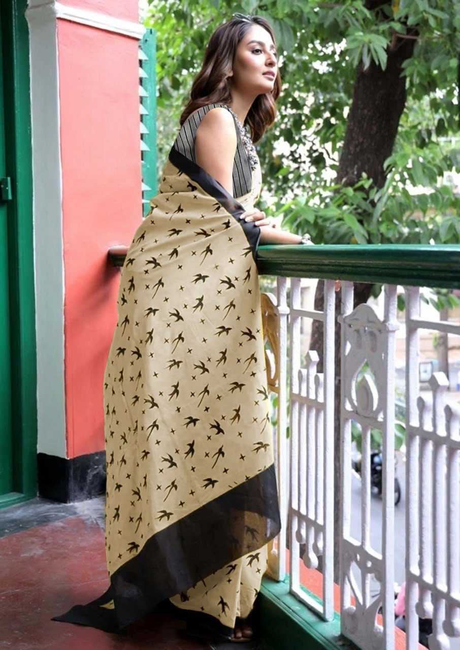 Office Wear Pure Cotton Block Print Saree – Soft Fabric with Unstitched Blouse [Cream] - House of ViDi