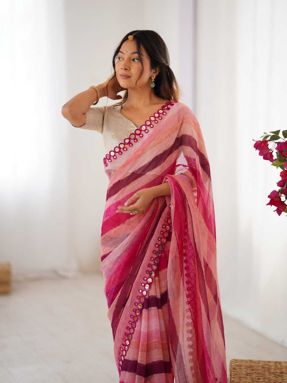 Pink Heavy Marble Chiffon Lehriya Print Saree with Zari & Mirror Border – Elegant Festive & Party Wear Saree