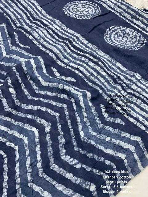 Navy Blue Chanderi Cotton Bagru Batik Printed Saree with Zig Zag Motifs & Tassel Pallu | House of ViDi