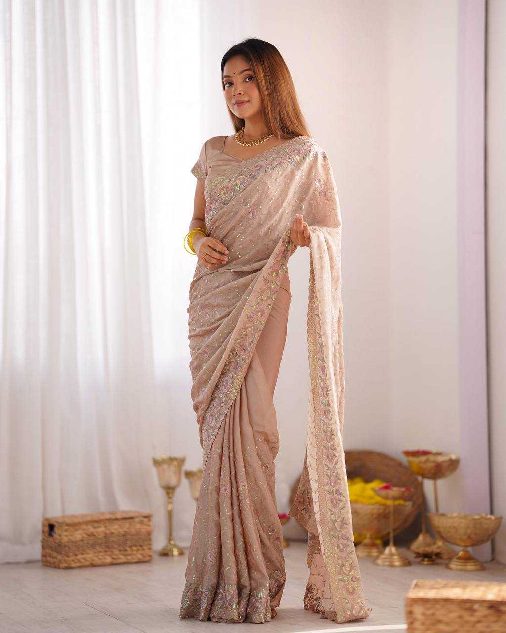 Pure Silky Crush Saree with Multicolor Sequins & Italian Diamond Work – Designer Party Wear Saree