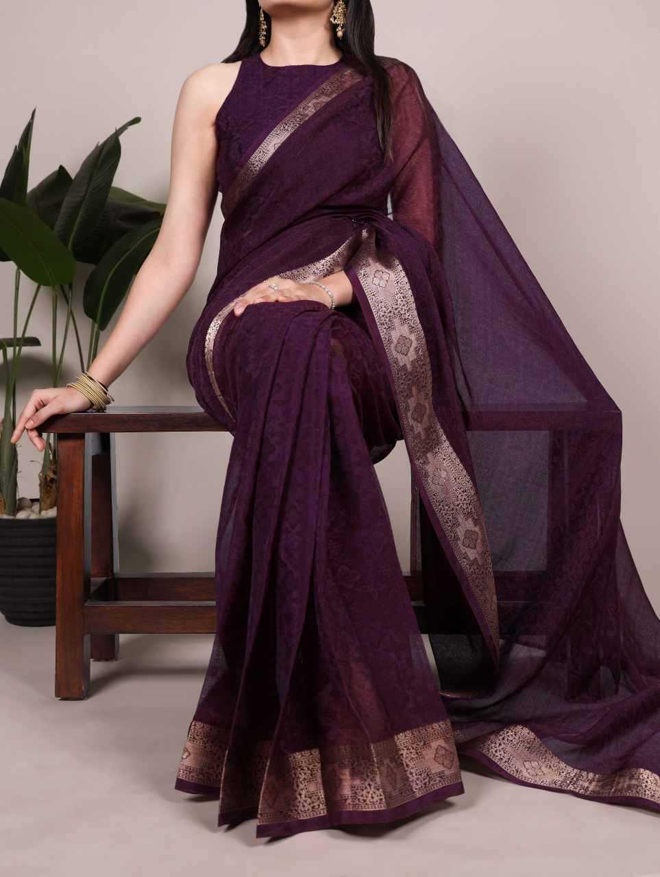 Coffee Brown Poly Shimmer Saree with Zari Border & Blouse - House of ViDi