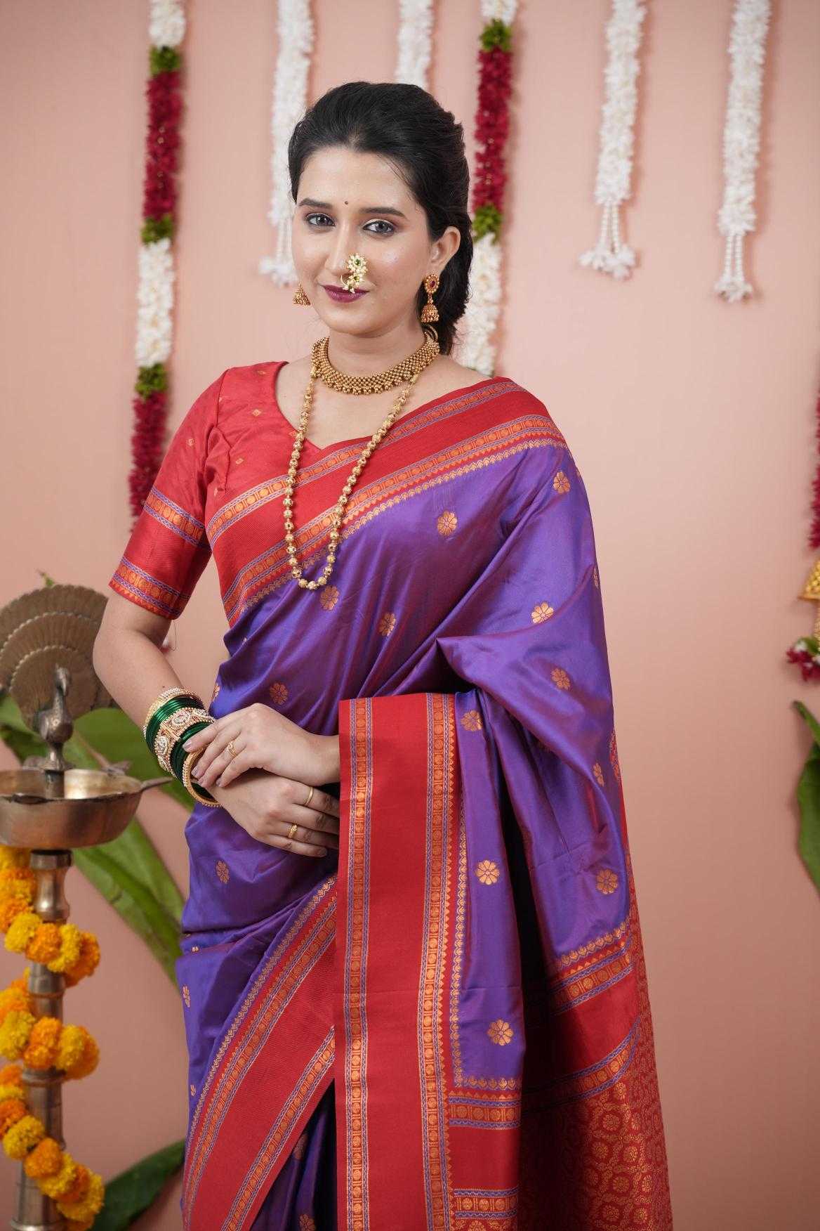 Narayanpet Soft Silk Saree with Zari Motifs & Contrast Pallu – Narayan Border & Contrast Blouse [Purple] - House of ViDi