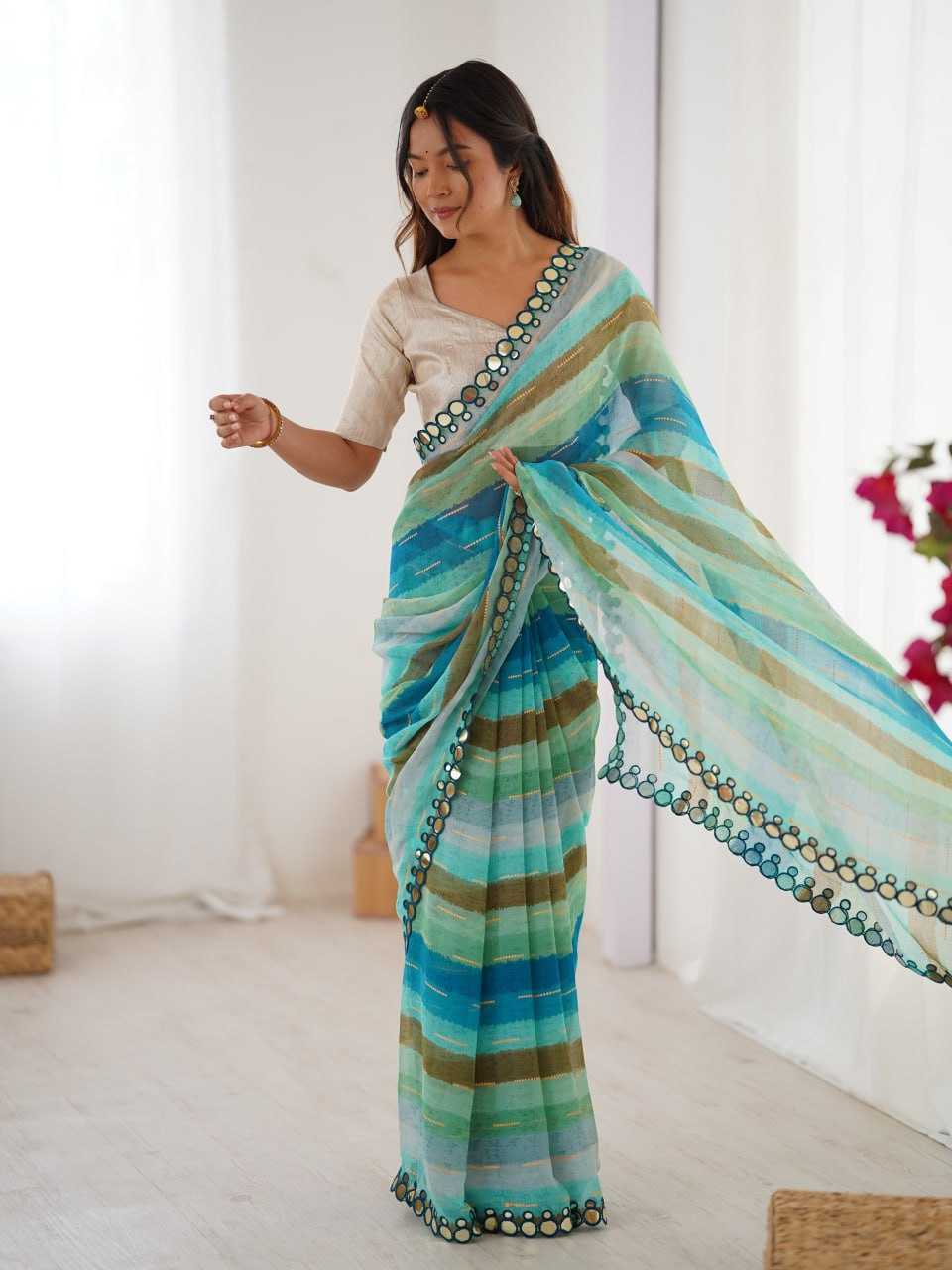 Sky Blue Heavy Marble Chiffon Lehriya Print Saree with Zari & Mirror Border – Elegant Festive & Party Wear Saree