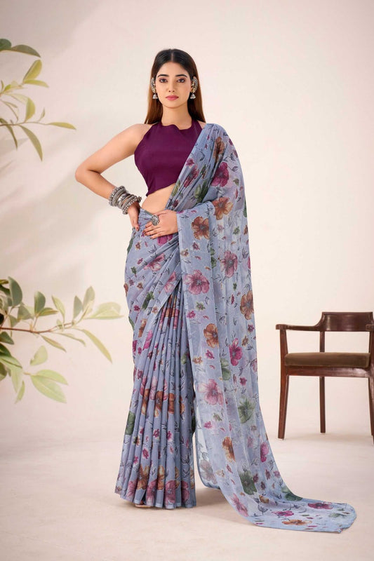 Lavendar Floral Viscose Brasso Designer Saree with Natural Silk Blouse | Festive Wear | House of ViDi