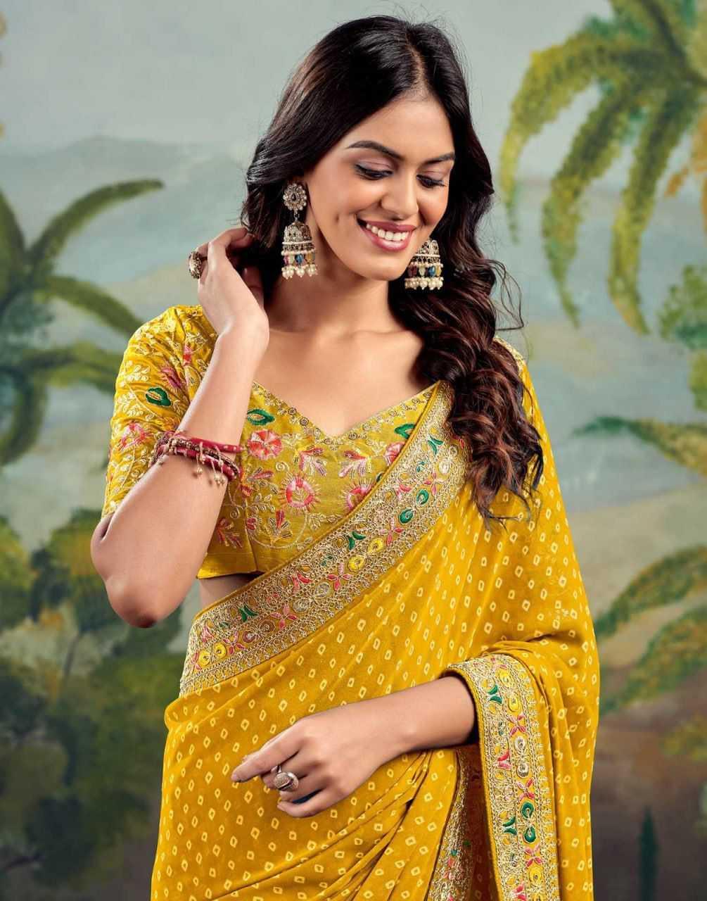 Yellow Printed Georgette Saree with Embroidery Lace Border & Designer Blouse - House of ViDi