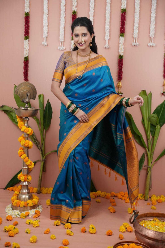 Narayanpet Soft Silk Saree with Zari Motifs & Contrast Pallu – Narayan Border & Contrast Blouse [Blue] - House of ViDi