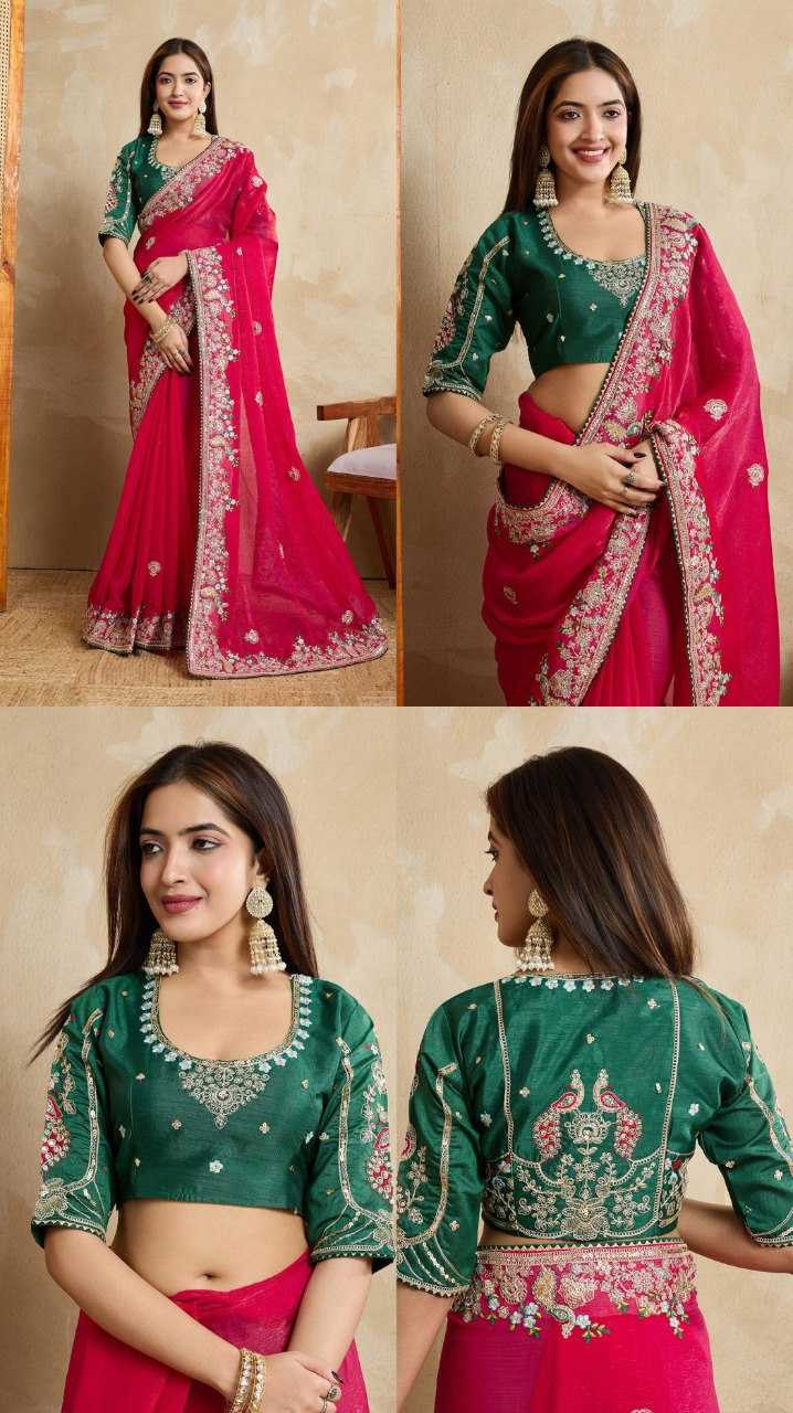 Premium Pink Fendy Chiffon Silk Saree with Heavy Embroidery & Mono Banglory Blouse – Perfect Wedding & Festive Wear