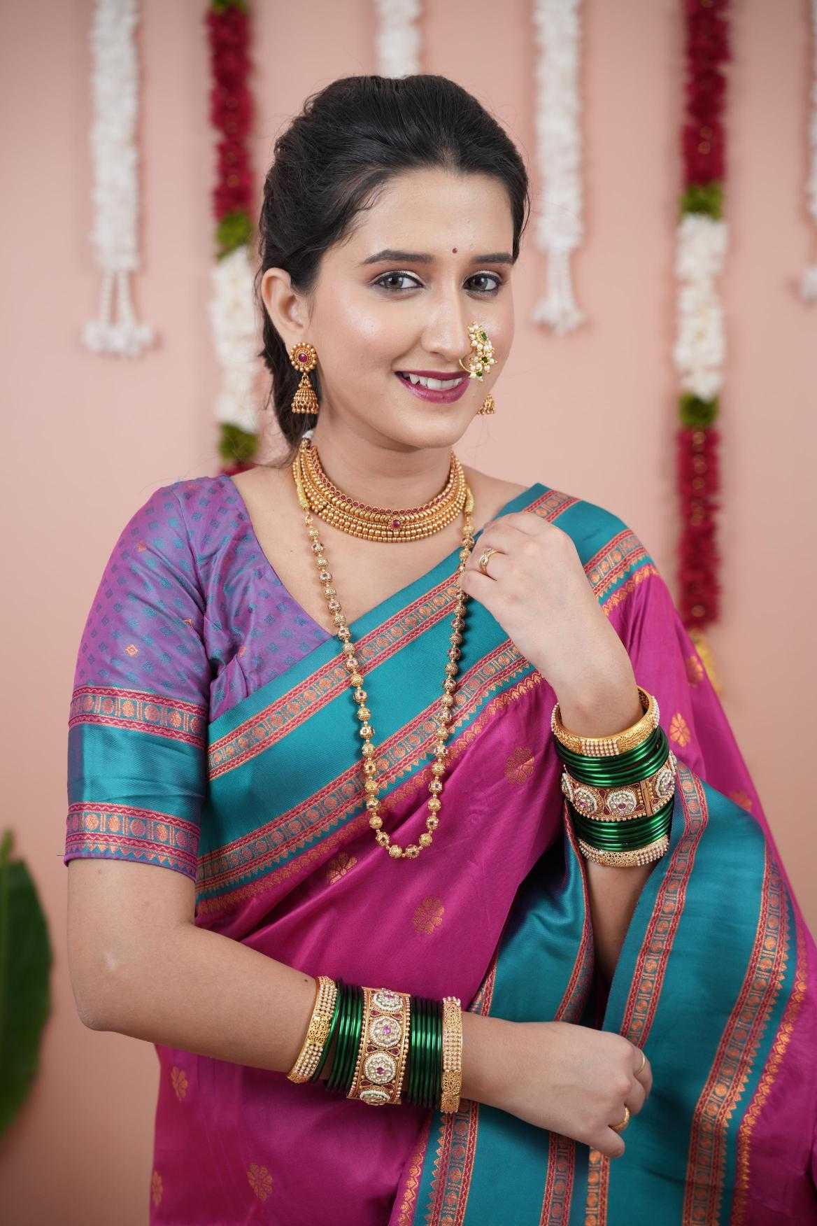 Narayanpet Soft Silk Saree with Zari Motifs & Contrast Pallu – Narayan Border & Contrast Blouse [Rani] - House of ViDi