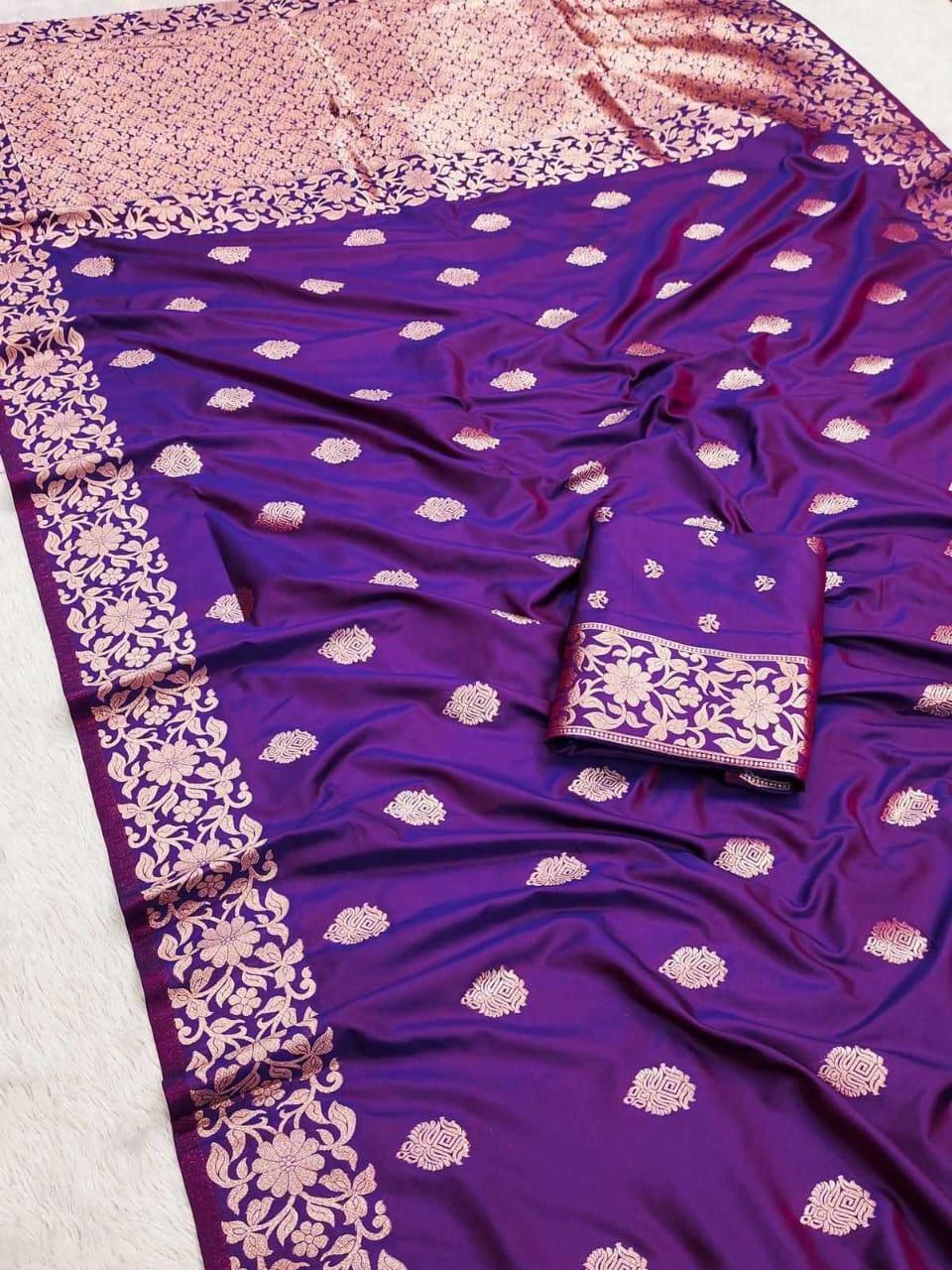 Purple Soft Silk Saree with Rich Pallu & All-Over Butta | Pure Katan Look | Traditional Designer Silk Saree - House of ViDi