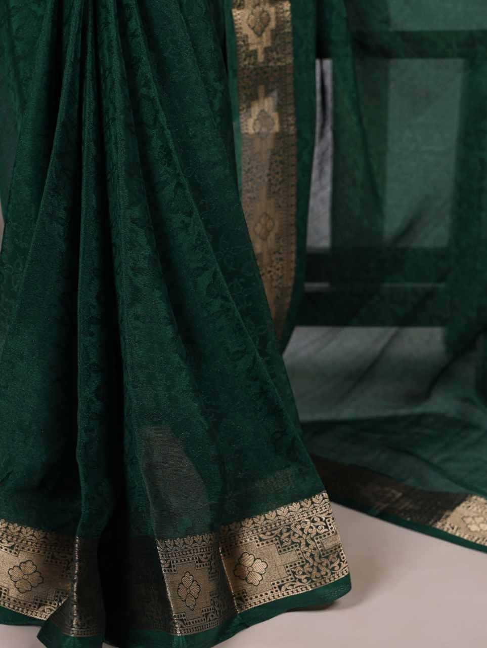 Green Poly Shimmer Saree with Zari Weaving Border & Matching Blouse | Traditional & Festive Wear Saree - House of ViDi