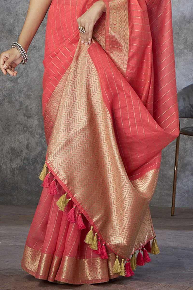 Gajri Pure Khadi Cotton Handloom Saree with Rich Pallu & Tassel Detailing | Designer Traditional Saree - House of ViDi