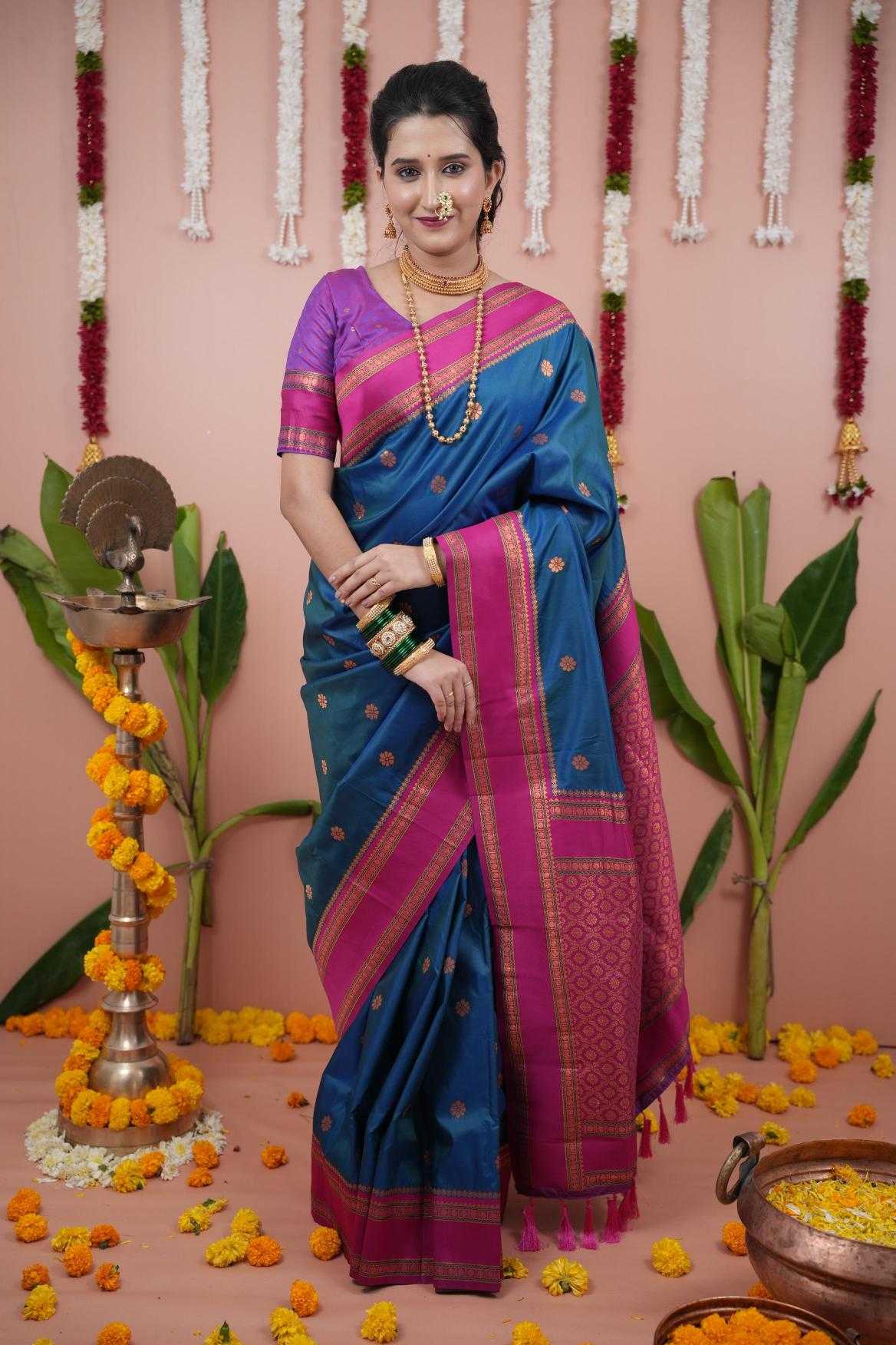 Narayanpet Soft Silk Saree with Zari Motifs & Contrast Pallu – Narayan Border & Contrast Blouse [Peacock Blue] - House of ViDi