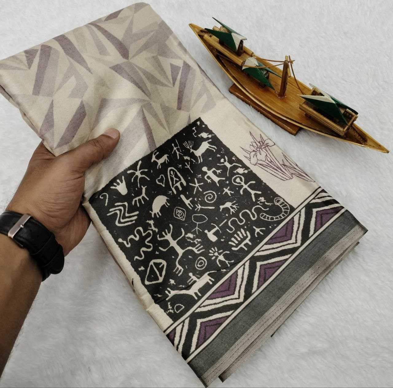 Grey Warli x Kalamkari Edition Soft Silk Saree with Designer Pallu & Zari Border – Premium Soft Silk Saree