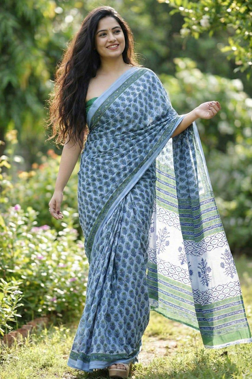 Sky Premium Bagru Block Print Mulmul Cotton Saree with Blouse – Jaipur Ajrakh Handcrafted - House of ViDi