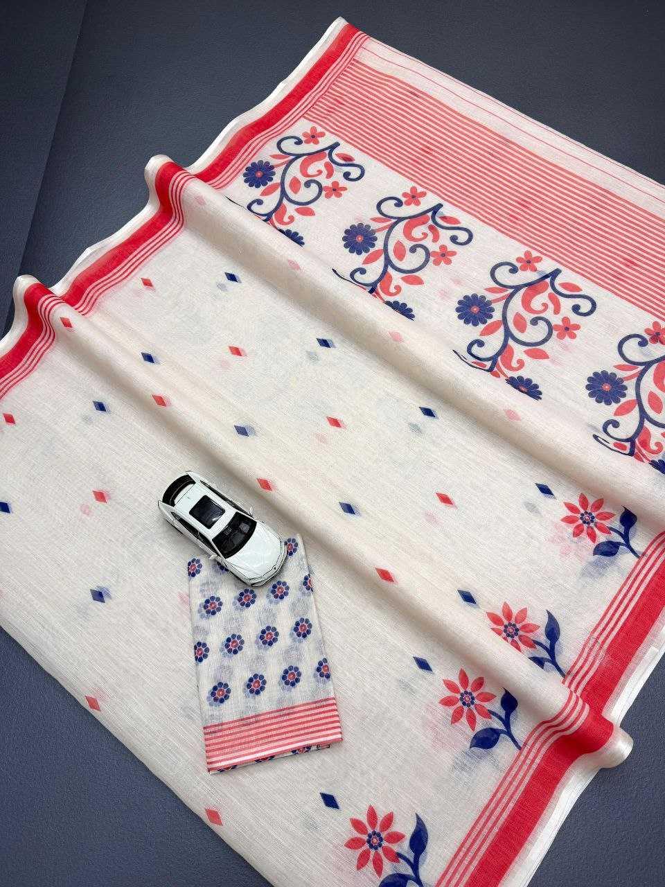 Cream Premium Linen Digital Print Designer Saree with Matching Blouse - House of ViDi