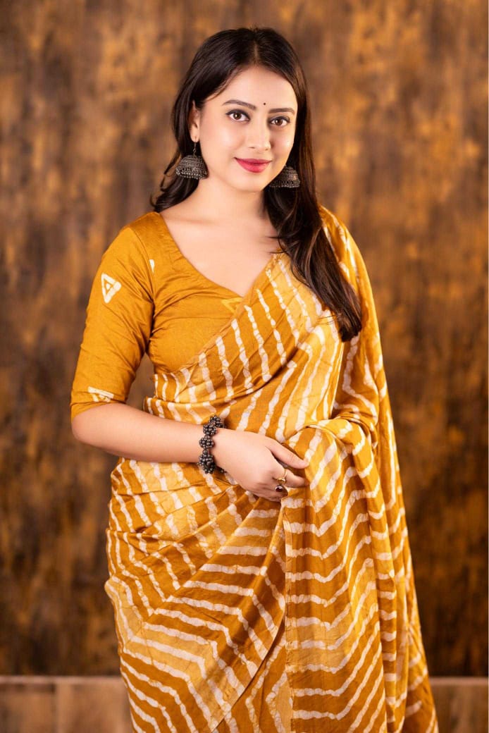 Mustard Chanderi Cotton Bagru Batik Printed Saree with Zig Zag Motifs & Tassel Pallu | House of ViDi
