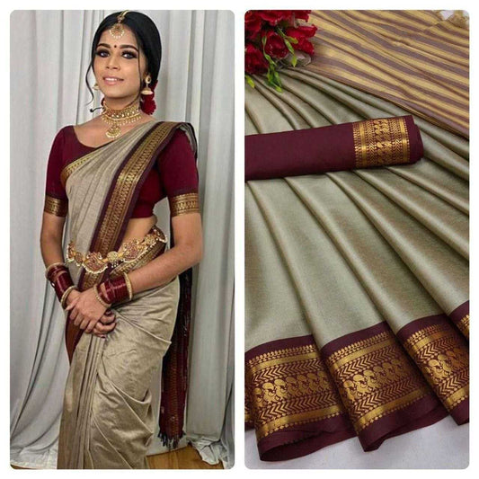 Pure Mercerised Cotton Silk Saree with Zari Border & Contrast Pallu – Ethereal Elegance with Unstitched Blouse [Grey] - House of ViDi