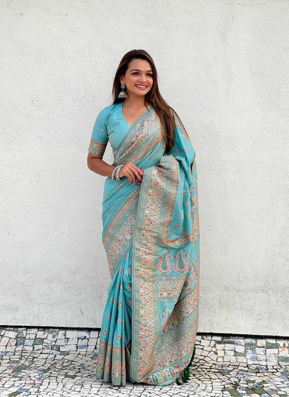 Luxury Pashmina Silk Saree with Golden Zari Work - Traditional Indian Wedding Saree with Unstitched Blouse Piece [Sky Blue] - House of ViDi