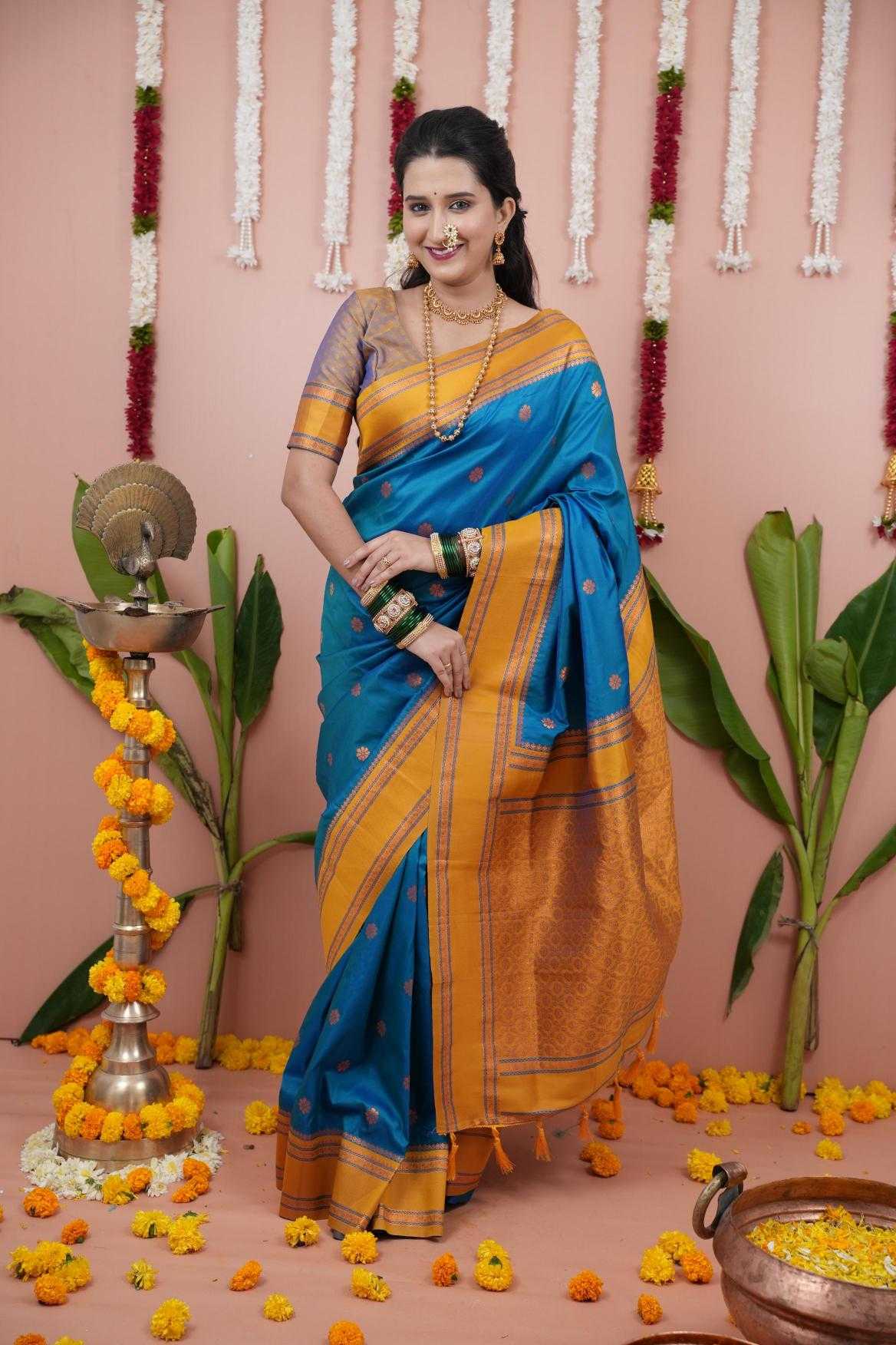 Narayanpet Soft Silk Saree with Zari Motifs & Contrast Pallu – Narayan Border & Contrast Blouse [Blue] - House of ViDi