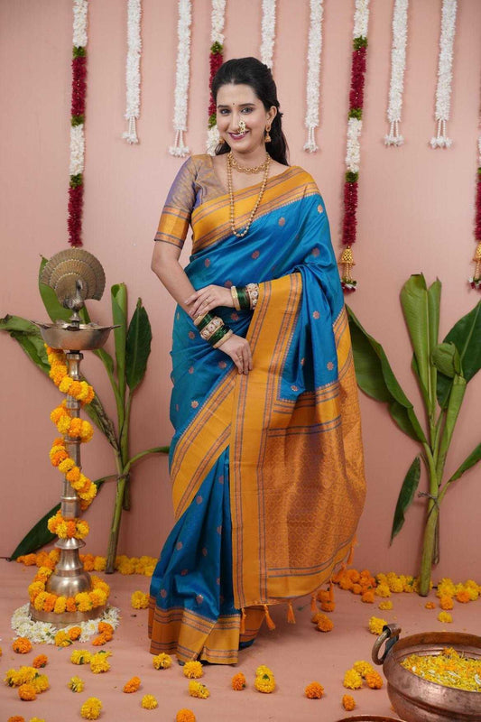 Narayanpet Soft Silk Saree with Zari Motifs & Contrast Pallu – Narayan Border & Contrast Blouse [Blue] - House of ViDi