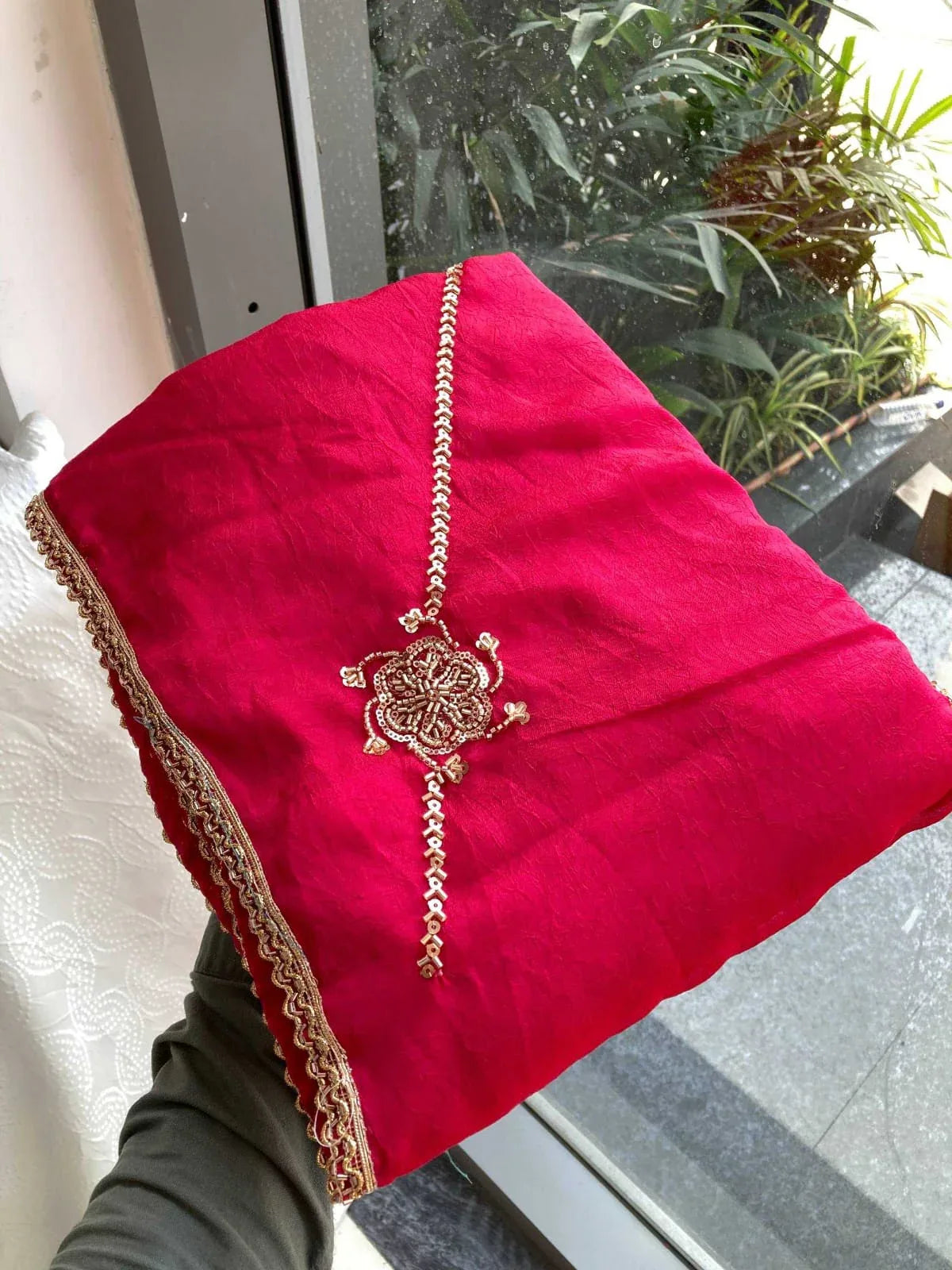 Hot Pink Designer Crush Silk Saree with C-Pallu Beads Embroidery Work - House of ViDi