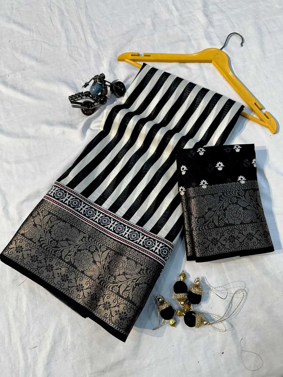 Black Soft Semi Dola Saree with Weaving Border & Contrast Blouse – Elegant Festive & Office Wear Saree