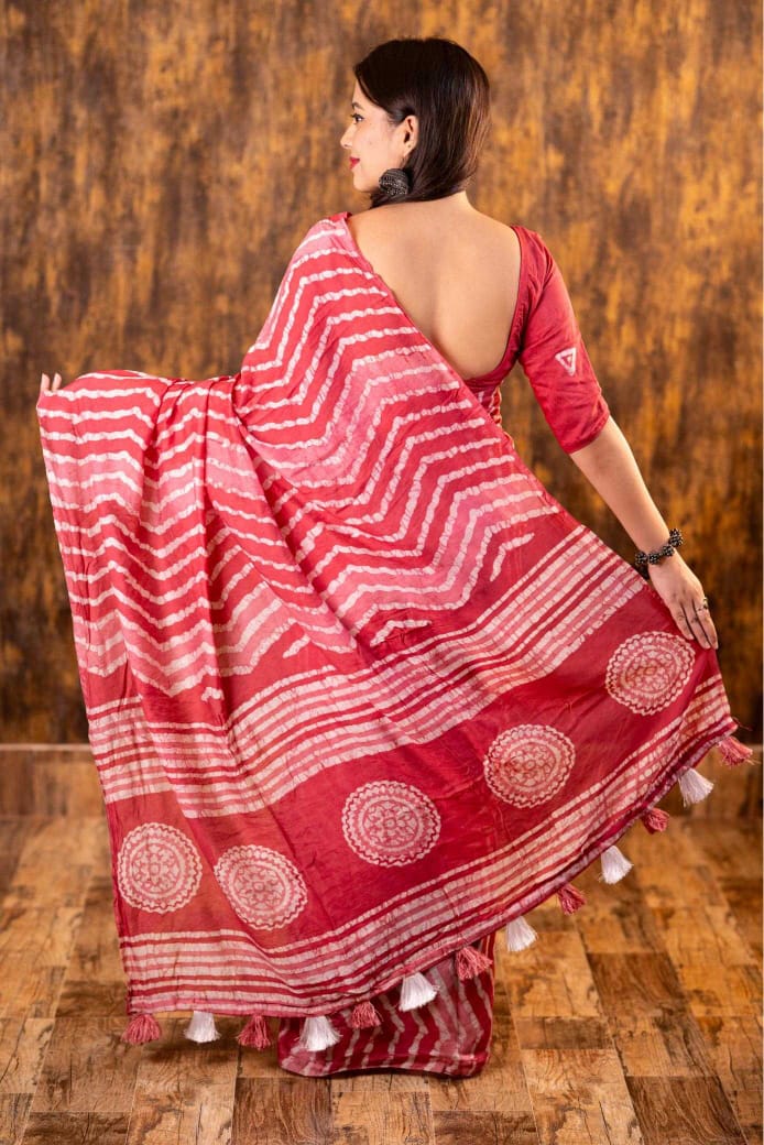 Pink Chanderi Cotton Bagru Batik Printed Saree with Zig Zag Motifs & Tassel Pallu | House of ViDi