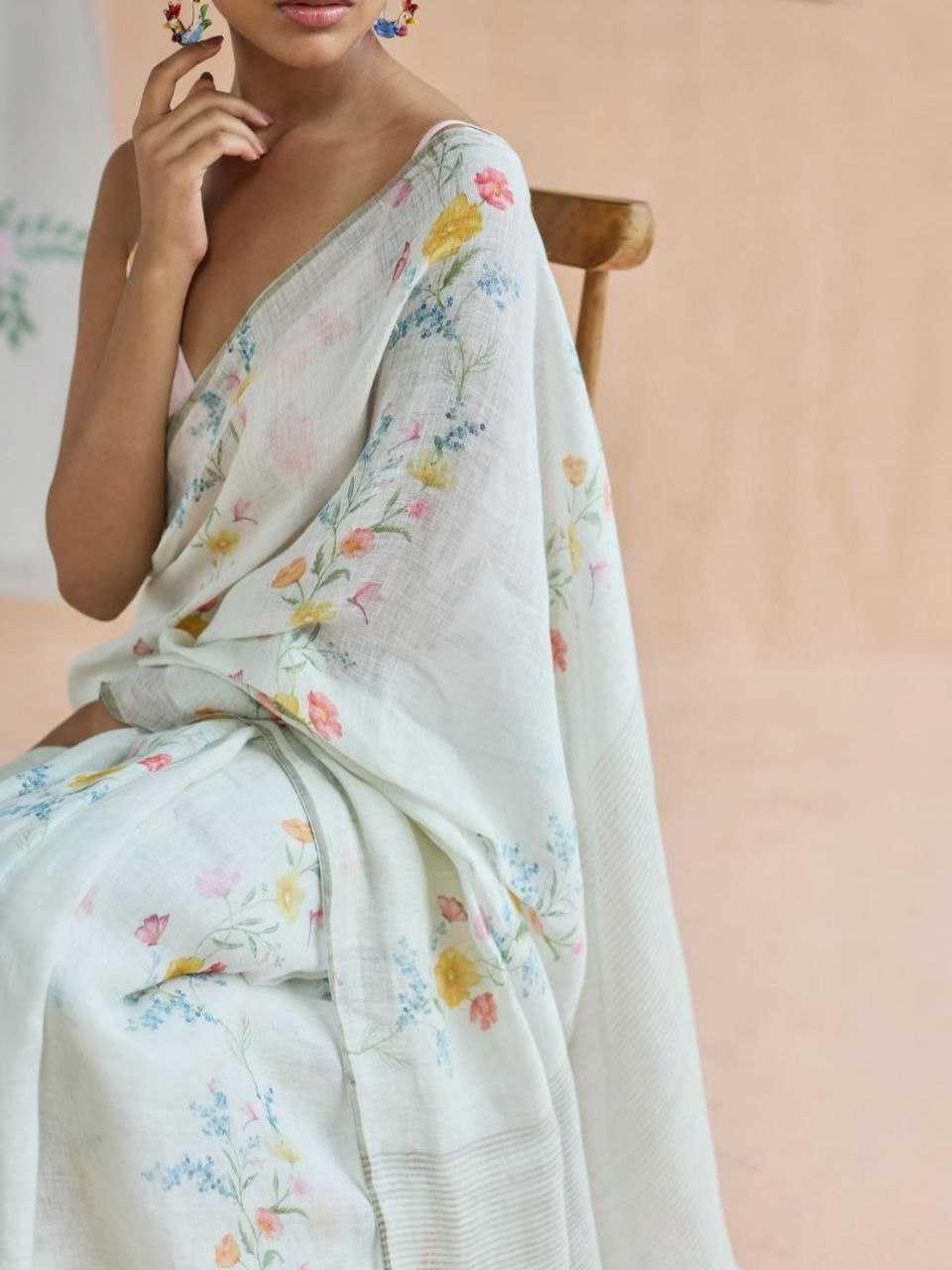 Mint Green Premium Linen Digital Print Designer Saree with Matching Blouse - House of ViDi