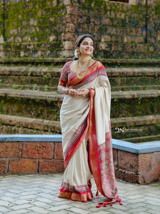 Elegant Bandhani Silk Saree with Zari Border – Durga Pooja Special Ajrakh Gold Collection - House of ViDi
