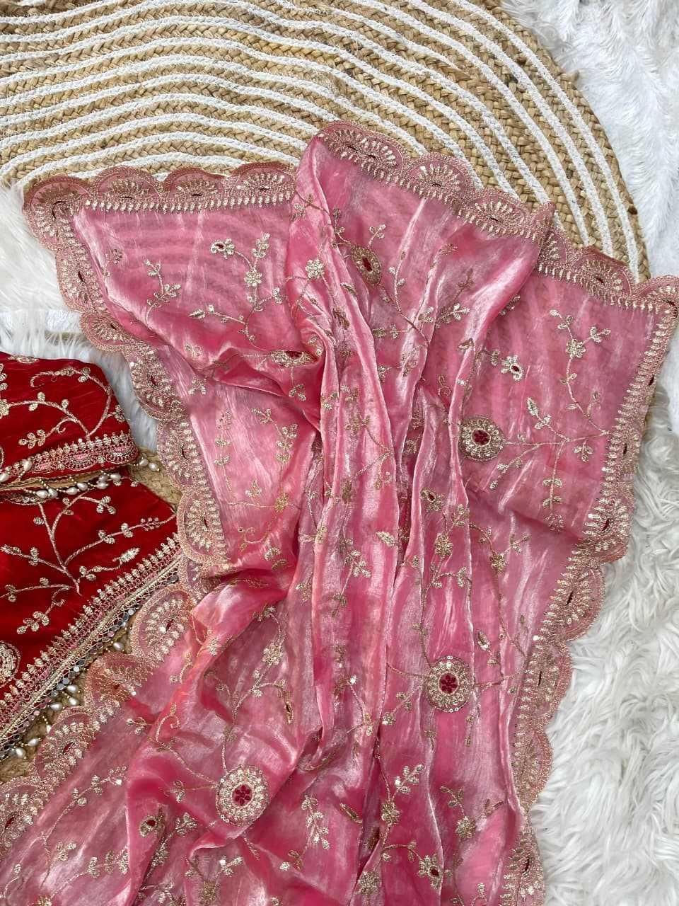 Red Fendy Satin Saree with Sequin Embroidery & Blouse - House of ViDi