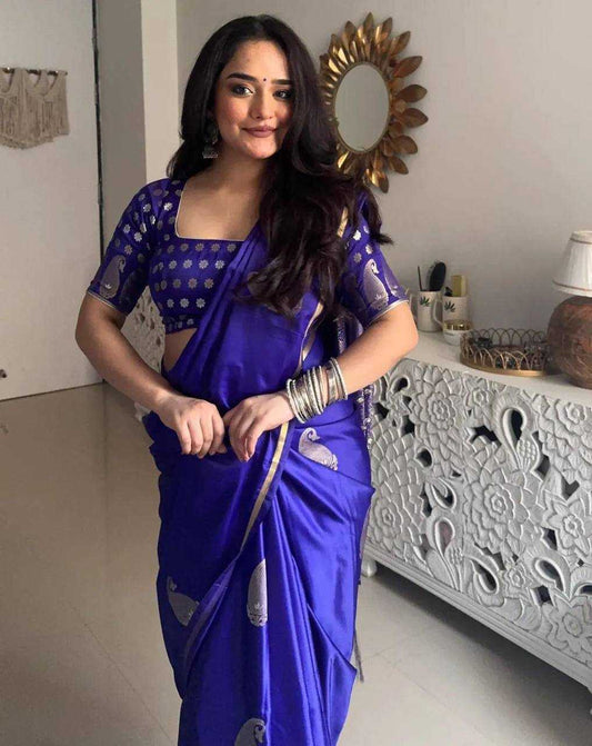 Royal Blue Katan Silk Saree with Silver Weaving & Brocade Blouse