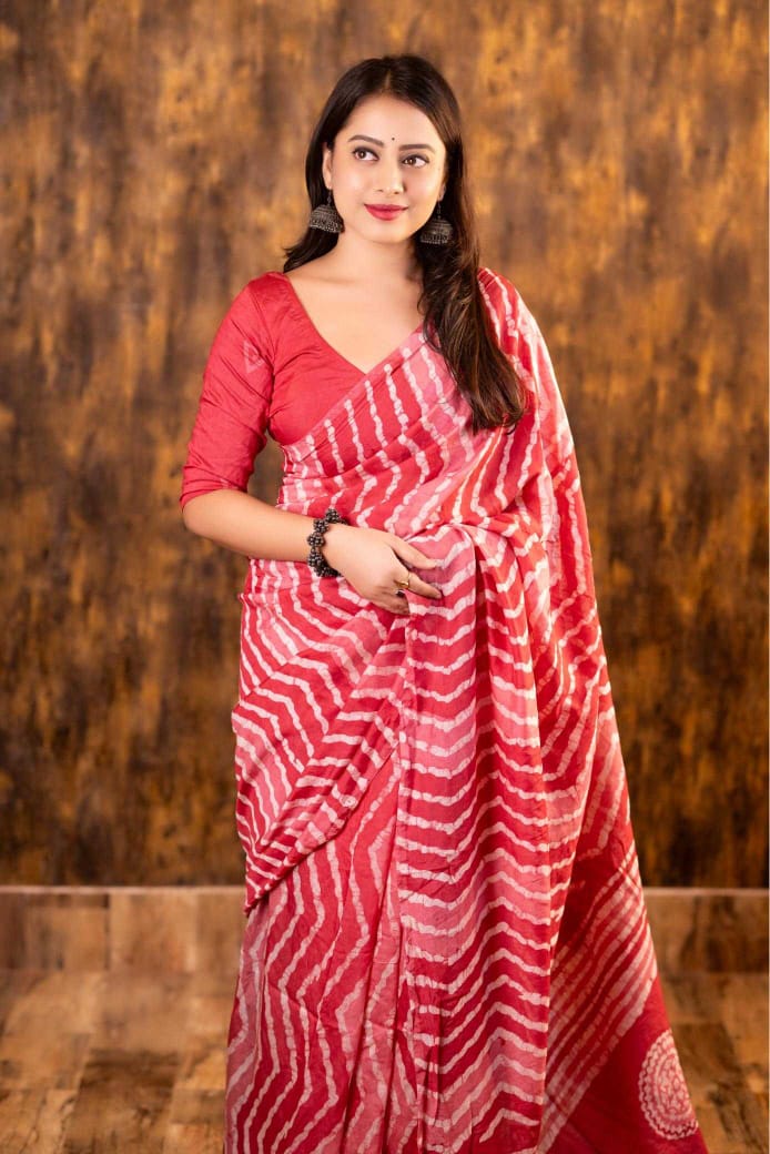 Pink Chanderi Cotton Bagru Batik Printed Saree with Zig Zag Motifs & Tassel Pallu | House of ViDi