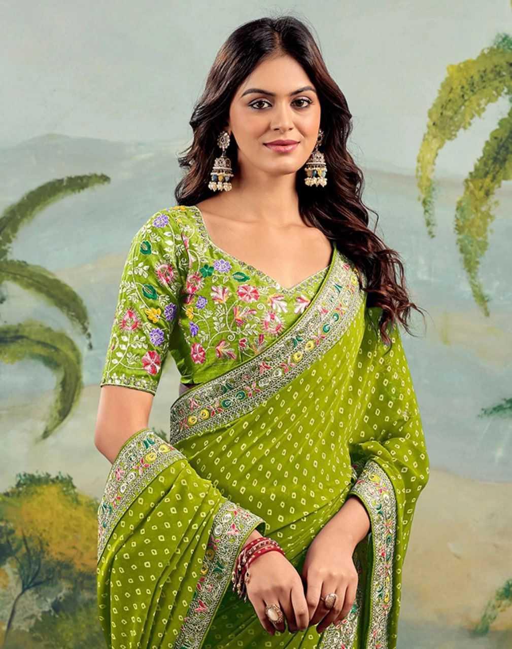 Green Printed Georgette Saree with Embroidery Lace Border & Designer Blouse - House of ViDi