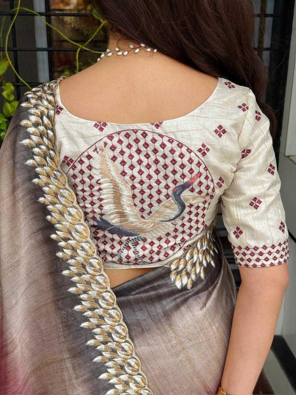 Pink Flamingo Embroidered Tussar Silk Designer Saree with Digital Print & Thread Work Blouse | House of ViDi - House of ViDi