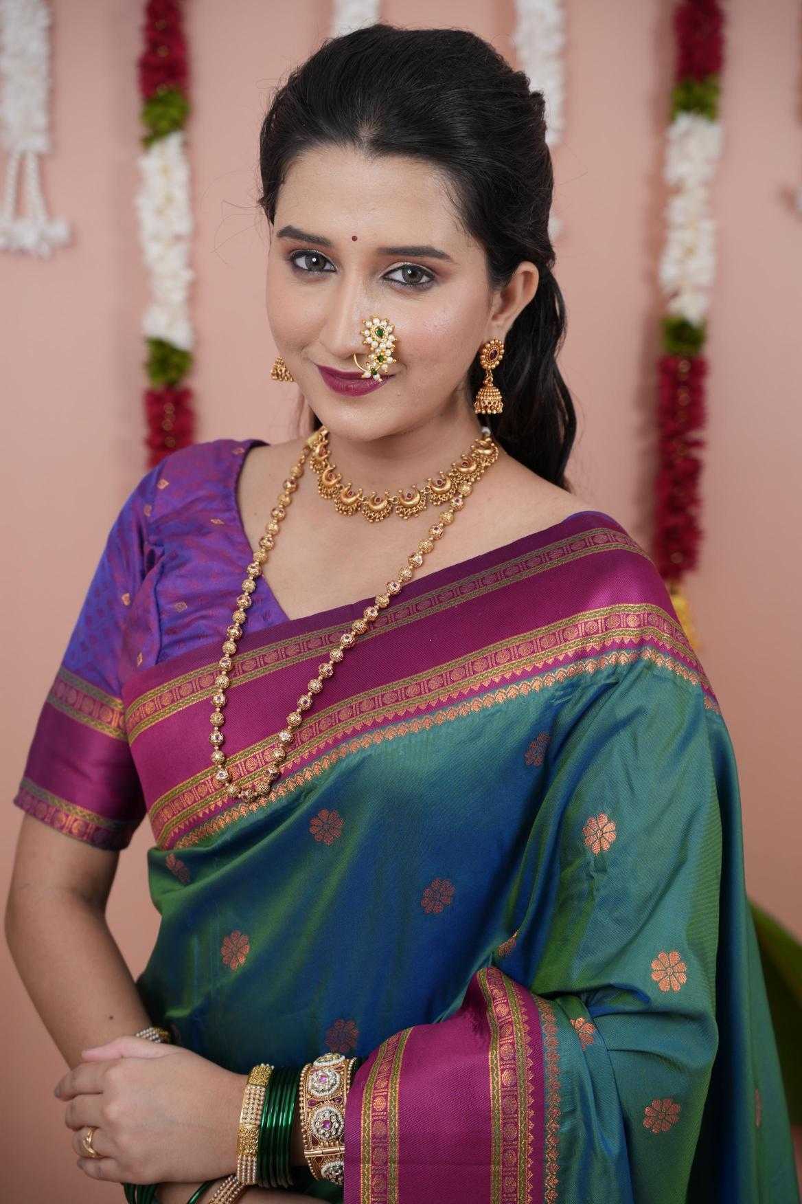 Narayanpet Soft Silk Saree with Zari Motifs & Contrast Pallu – Narayan Border & Contrast Blouse [Rama] - House of ViDi