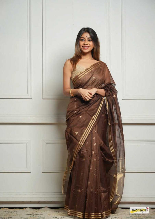 Soft Cotton Silk Saree with Jacquard Weaving & Rich Pallu – Elegant Festive Wear with Unstitched Blouse [Brown] - House of ViDi