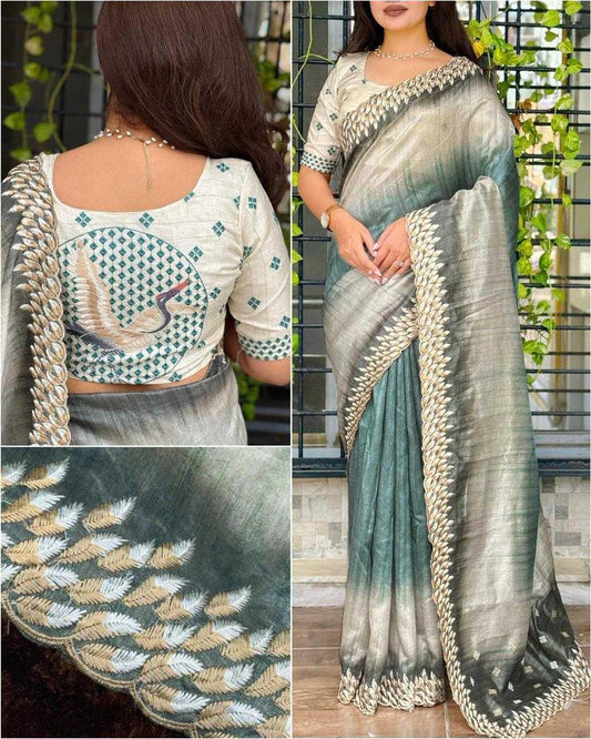 Gray Flamingo Embroidered Tussar Silk Designer Saree with Digital Print & Thread Work Blouse | House of ViDi - House of ViDi