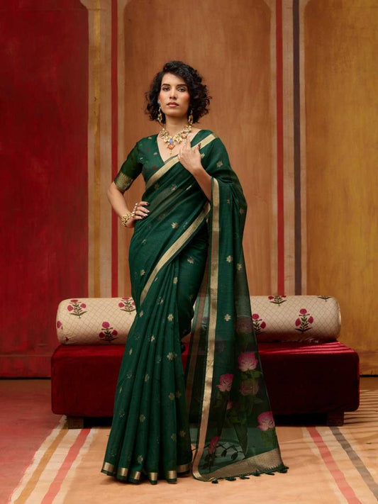Green Handloom Silk Saree with Organza Pallu & Woven Design - House of ViDi