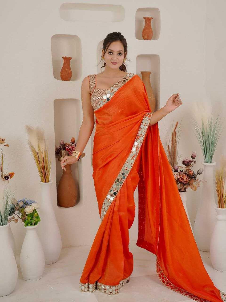 Premium Rangoli Silk Mirror Work Designer Saree with Embellished Border [Orange] - House of ViDi