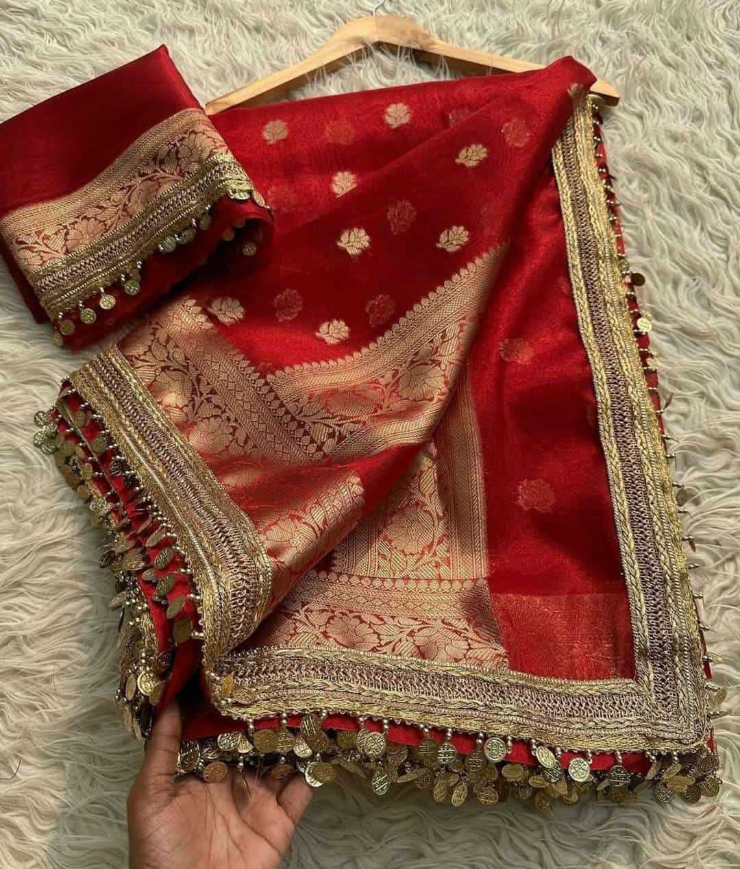 Red Banarasi Soft Tissue Silk Saree with Zari Weaving & Coin Lace – Elegant Wedding Wear Saree