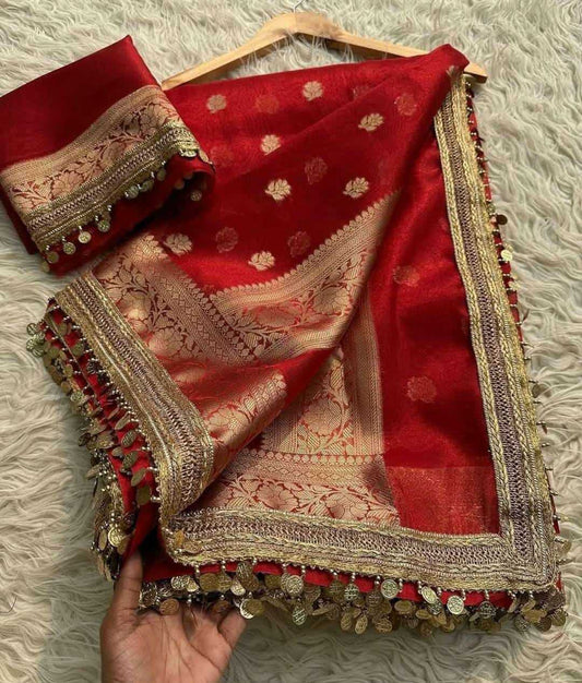 Red Banarasi Soft Tissue Silk Saree with Zari Weaving & Coin Lace – Elegant Wedding Wear Saree